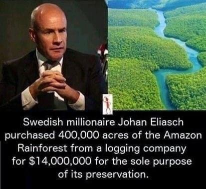 Swedish millionaire Johan Eliasch purchased 400000 acres of the Amazon Rainforest from a logging company for 14000000 for the sole purpose of its preservation