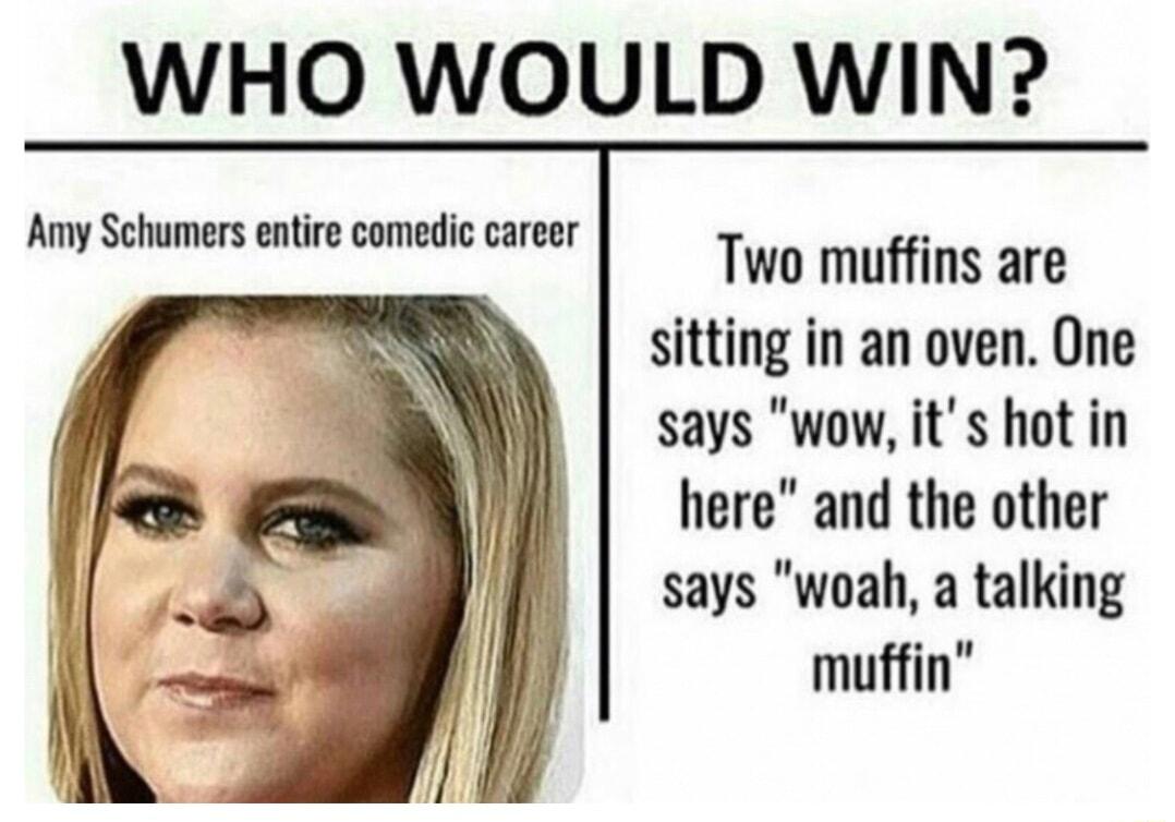 WHO WOULD WIN Amy Schumers entire comedic career Two muffins are sitting in an oven One says wow its hot in here and the other says woah a talking muffin