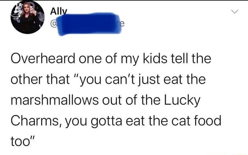 Overheard one of my kids tell the other that you cant just eat the marshmallows out of the Lucky Charms you gotta eat the cat food too