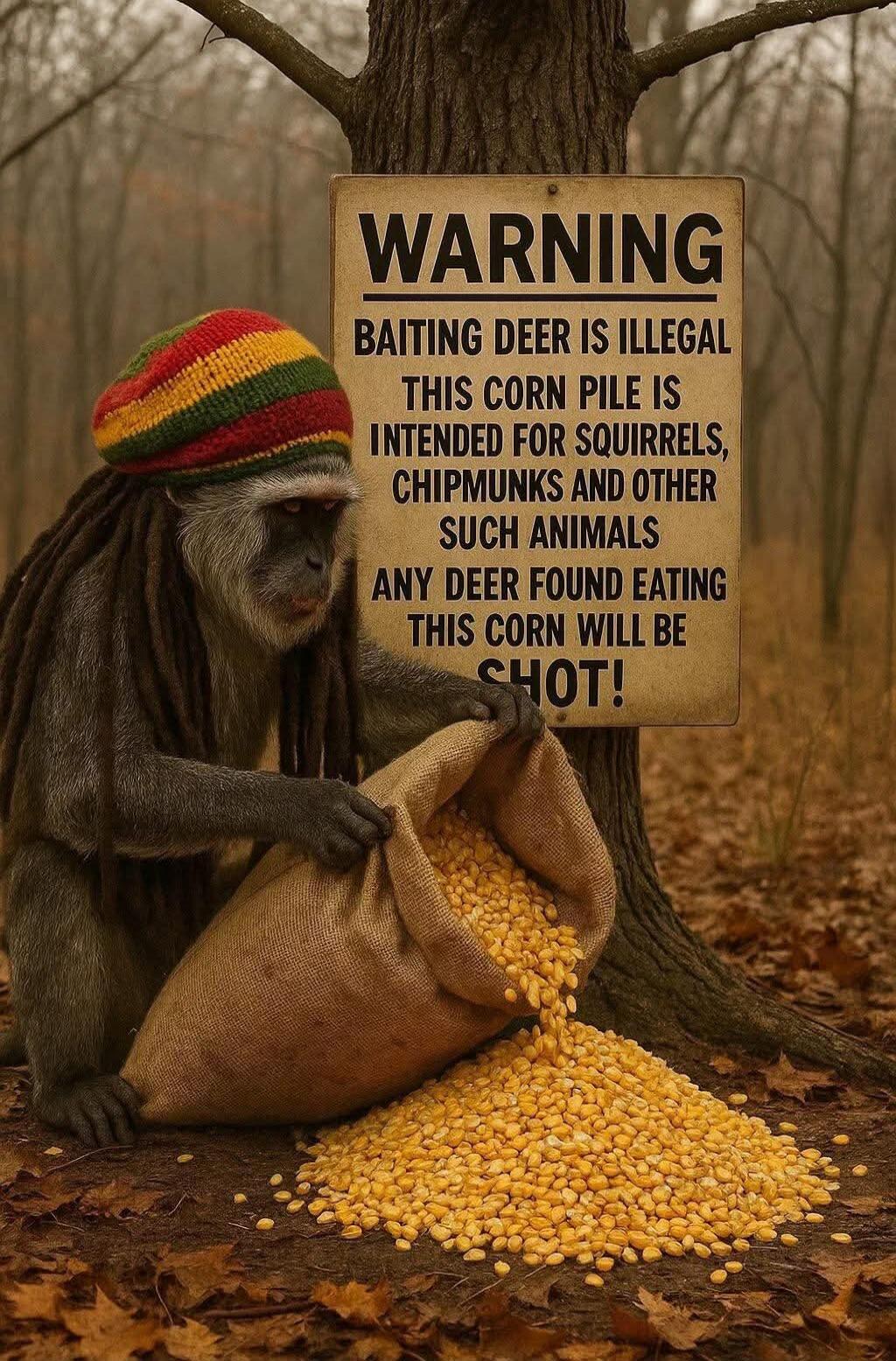 WARNING
BAITING DEER IS ILLEGAL
THIS CORN PILE IS
INTENDED FOR SQUIRRELS,
CHIPMUNKS AND OTHER
SUCH ANIMALS
ANY DEER FOUND EATING
THIS CORN WILL BE SHOT!