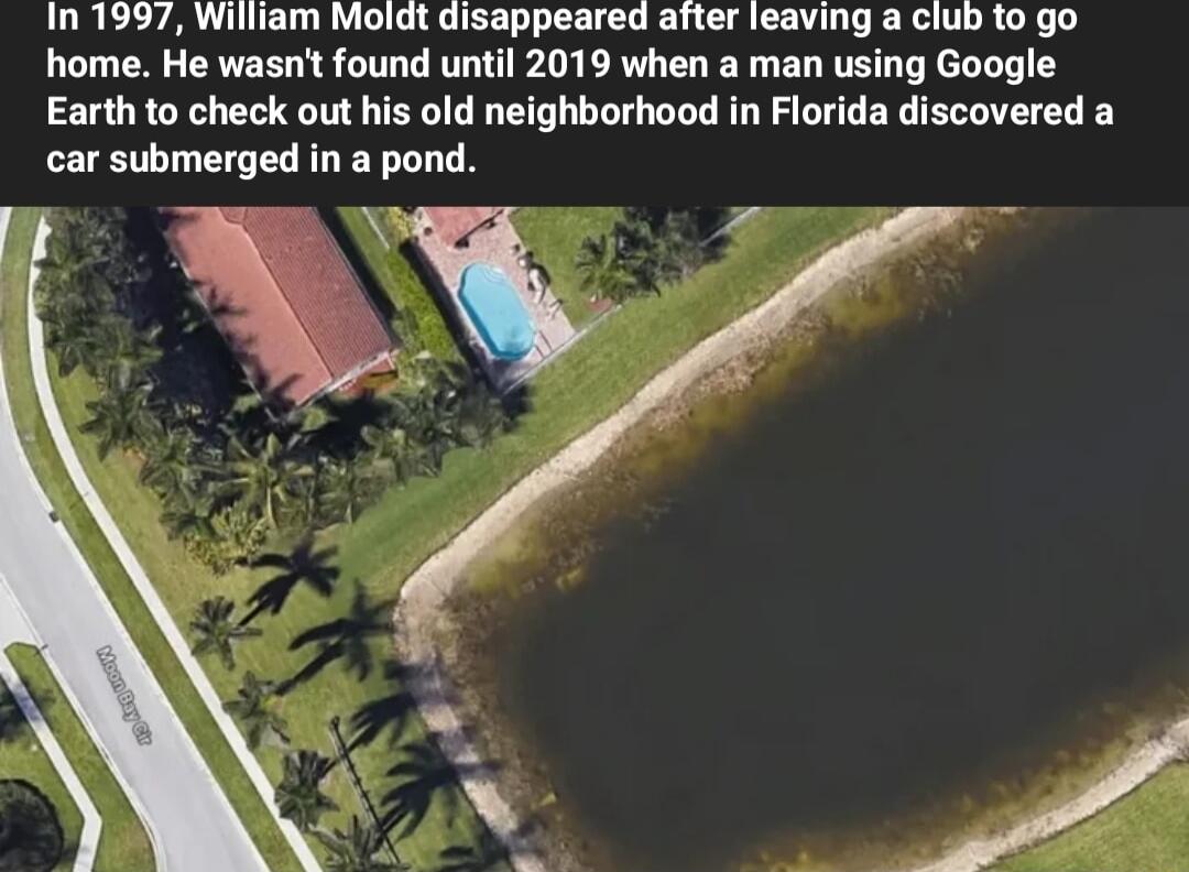 In 1997 William Moldt disappeared after leaving a club to go home He wasnt found until 2019 when a man using Google Earth to check out his old neighborhood in Florida discovered a car submerged in a pond 3