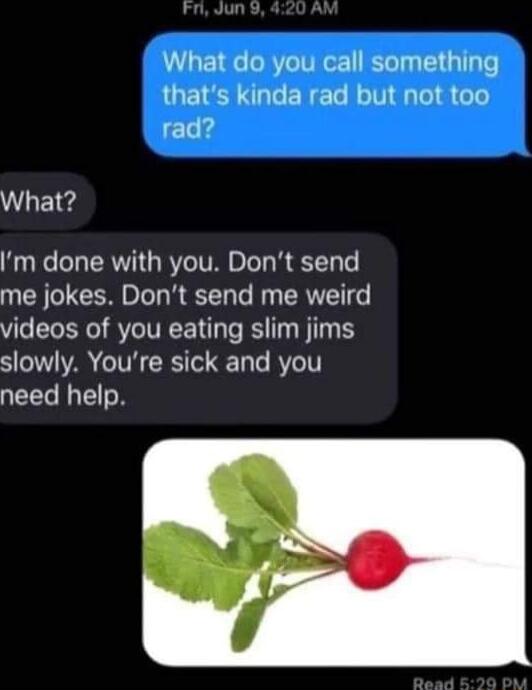 n Ji What do you call something thats kinda rad but not too rad What m done with you Dont send me jokes Dont send me weird videos of you eating slim jims slowly Youre sick and you need help