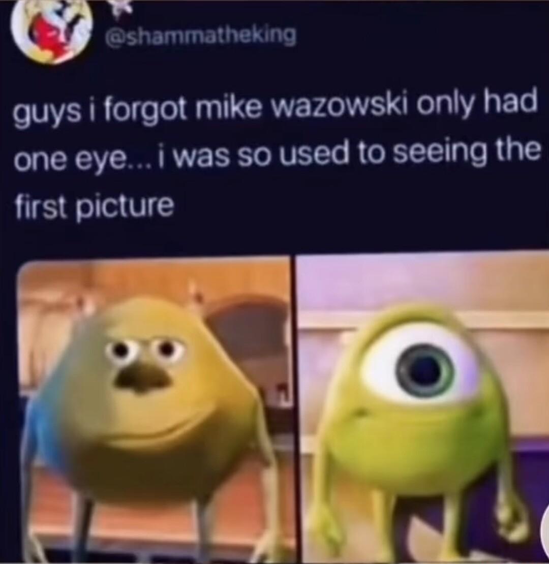 Aad shammatheking guys i forgot mike wazowski only had one eyei was so used to seeing the first picture