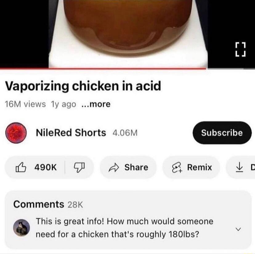 Vaporizing chicken in acid 16M views 1y ago more NileRed Shorts 406M iy 490K P A Share Remix Lo Comments 28K This is great info How much would someone need for a chicken thats roughly 180lbs