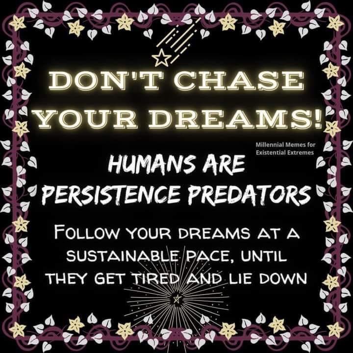L d 9 v ave 3 o294 9 Ko Spoa oo V 2 Q YA oW 1 ne Y a DONT CHASE YOUR DREAMS l a HUMANS ARE 9 PERSISTENCE PREDATORS FOLLOW YOUR DREAMS AT A Hg e SUSTAINABLECE U 5 THEY GET TIR TRy WNGD LIE DOWN 42 oty