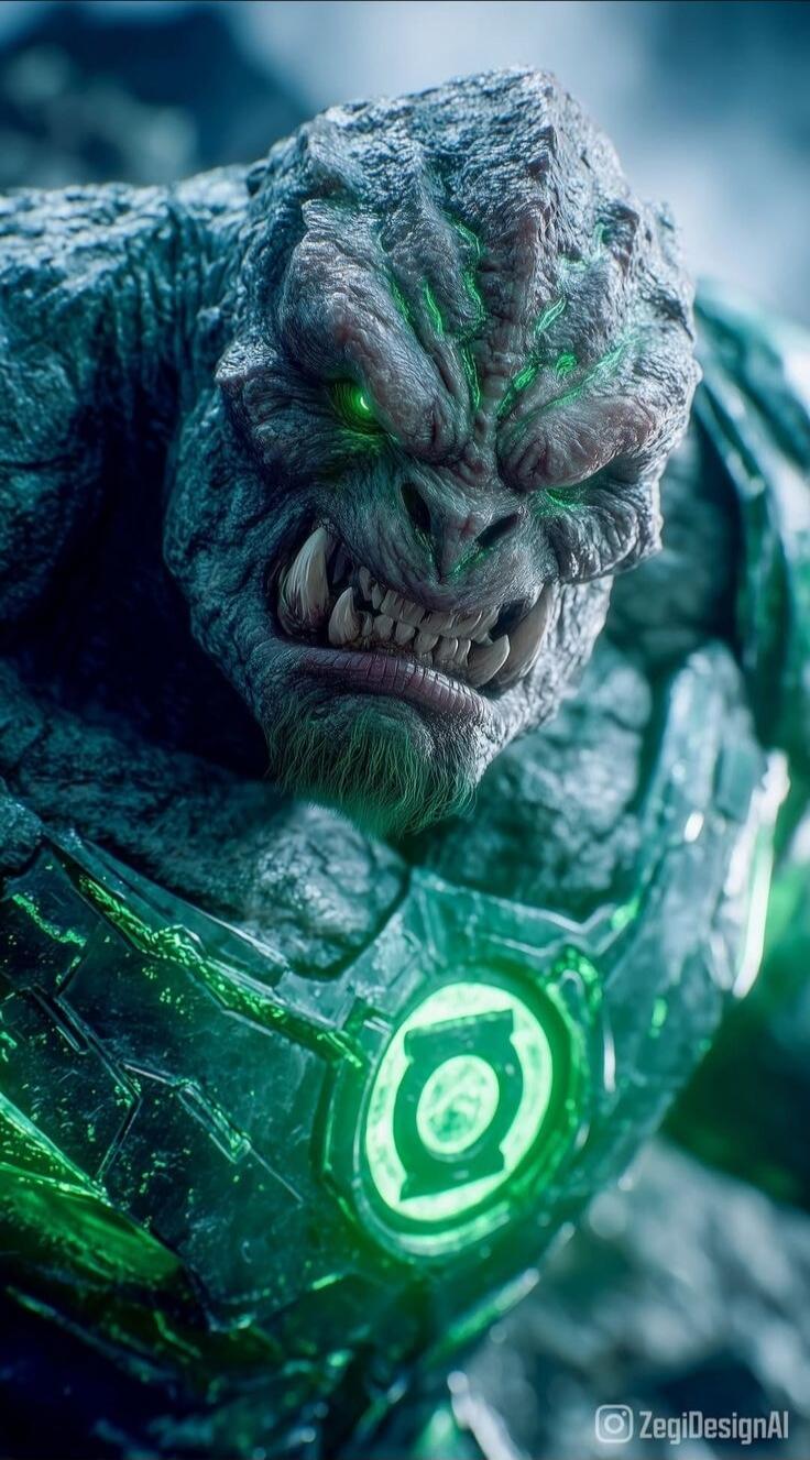 A close-up of a monstrous humanoid creature with rough, rocky skin and glowing green eyes, wearing a suit with a bright green circular emblem.