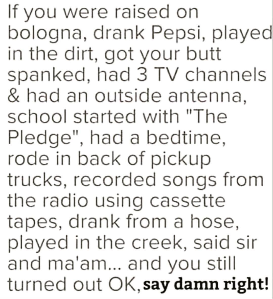 If you were raised on bologna drank Pepsi played in the dirt got your butt spanked had 3 TV channels had an outside antenna school started with The Pledge had a bedtime rode in back of pickup trucks recorded songs from the radio using cassette tapes drank from a hose played in the creek said sir and maam and you still turned out OKsay damn right