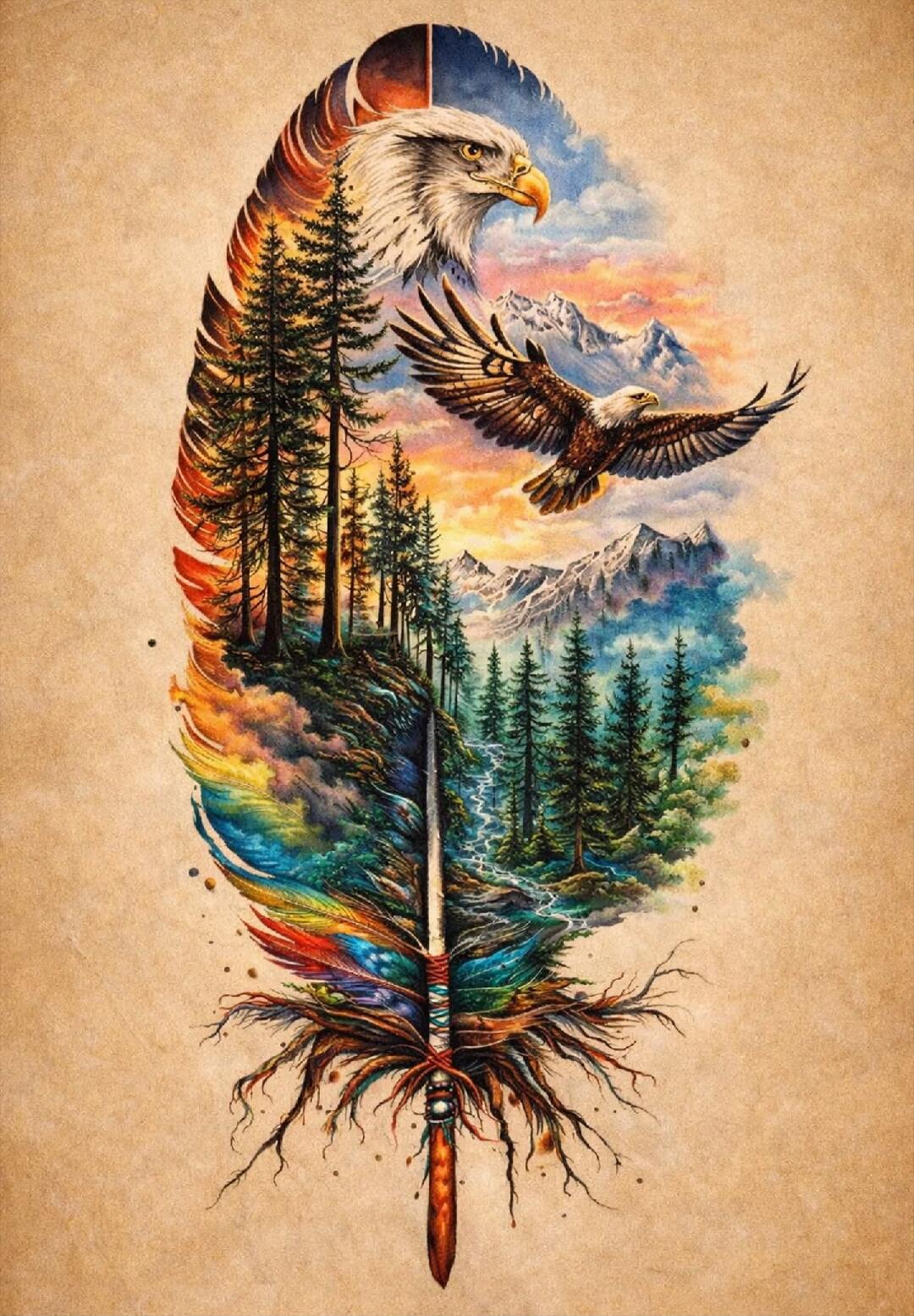 The image depicts a majestic eagle soaring through a vibrant, dreamlike landscape. The scene is framed within a large, ornate feather, with the eagle's head emerging from the top and its body in flight. The feather itself is a canvas for a breathtaking natural panorama, featuring a dense forest of pine trees, a cascading waterfall, a winding river,