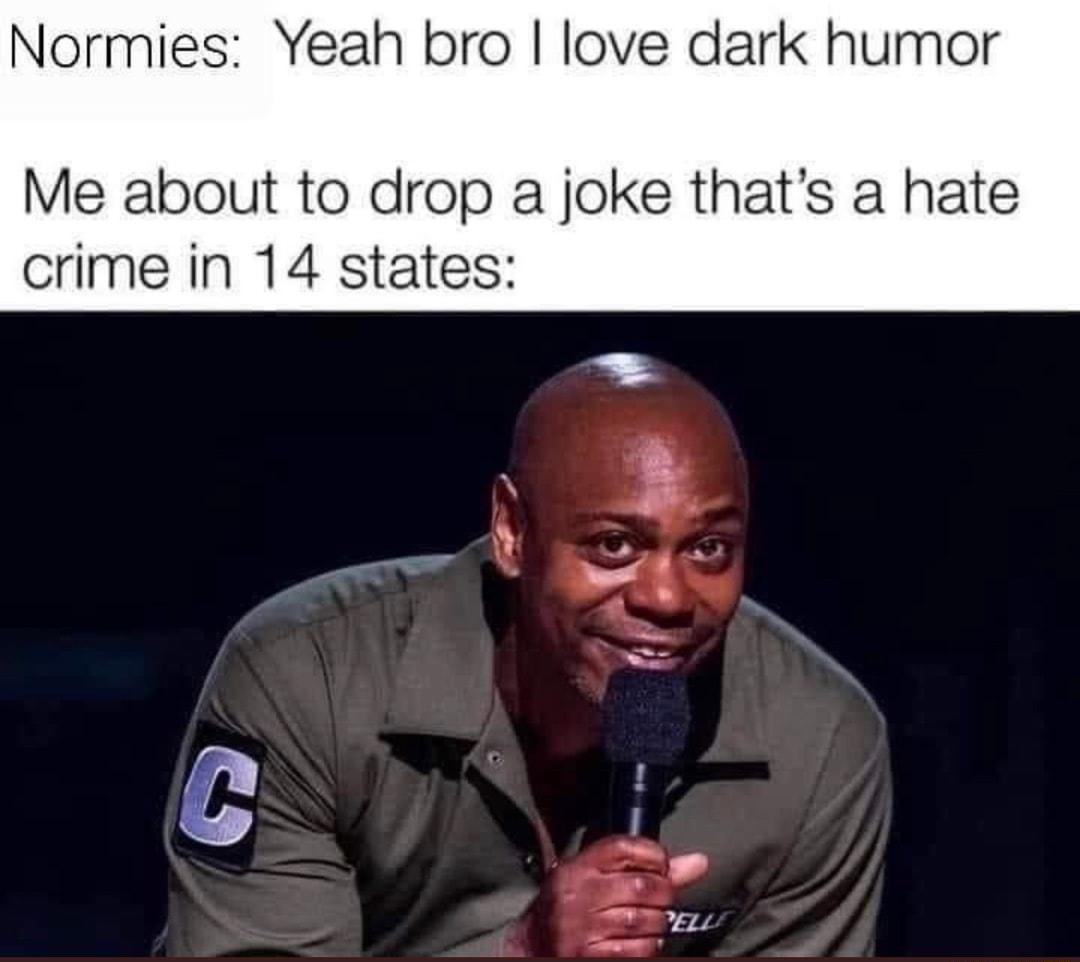 ormies Yeah bro love dark humor Me about to drop a joke thats a hate crime in 14 states 7 i