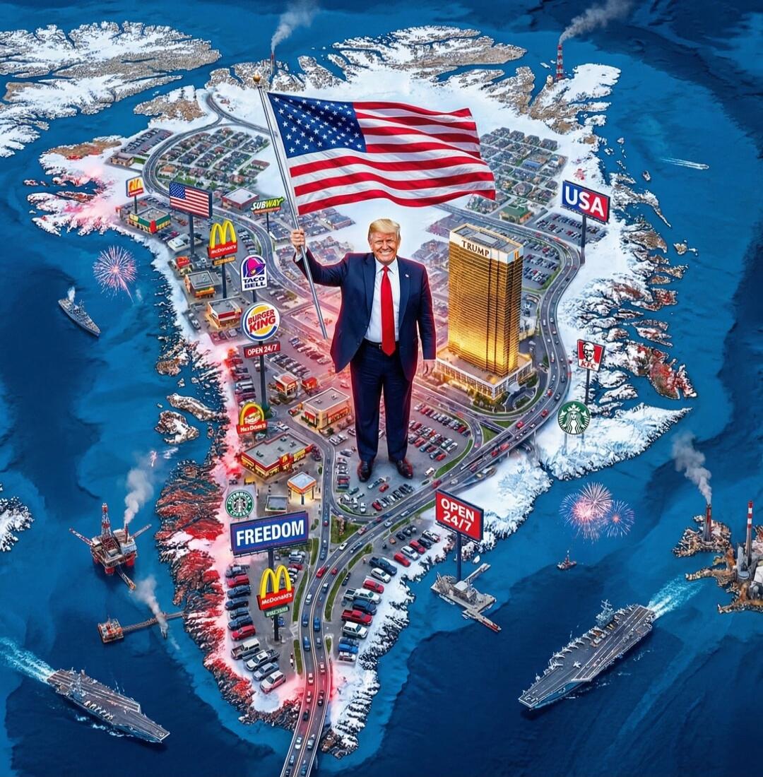 FREEDOM, OPEN 24/7, USA, McDonald's logos, various US signs. A caricature of a man resembling a political figure stands on a small island shaped like the United States, holding an American flag with surrounding symbols and signs.