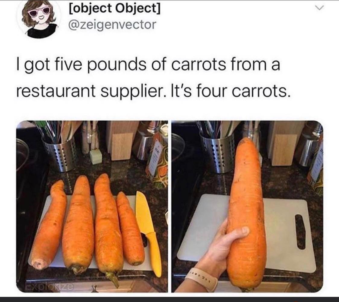 object Object zeigenvector got five pounds of carrots from a restaurant supplier Its four carrots g