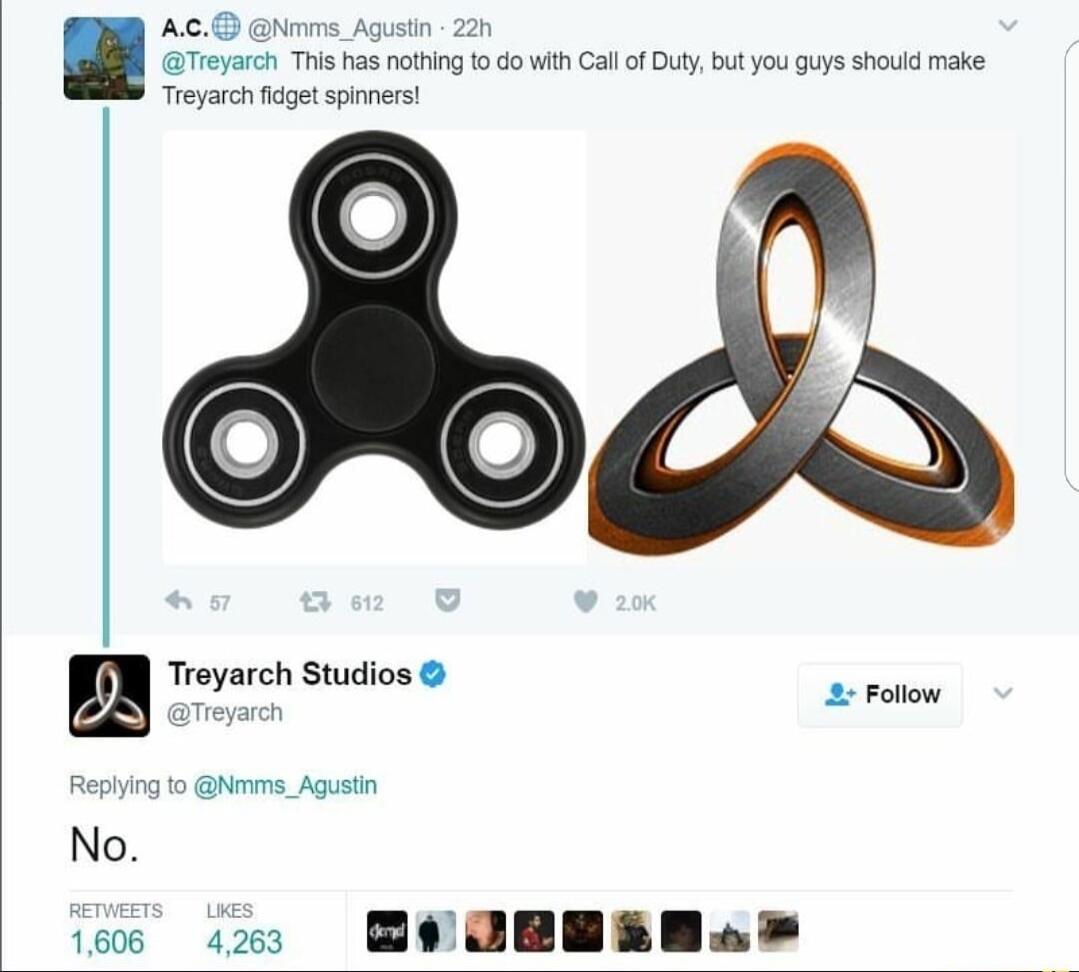 Treyarch This s nothing o do wih Cal o Duy but you guys should make reyareh faget spners Treyarch Studios 2 Follow 9o Nmms_Agusin No 160s 42 EWABES