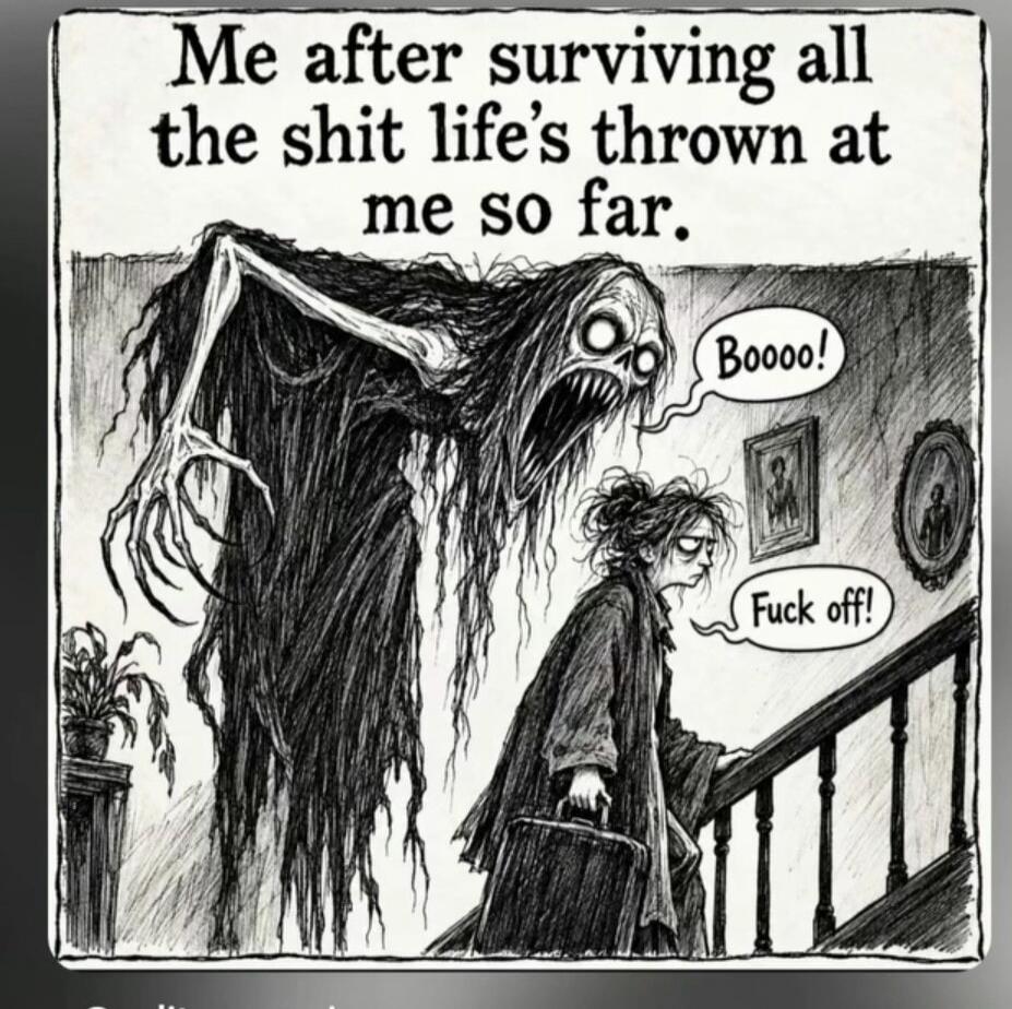 Me after surviving all the shit life's thrown at me so far. Boooo! Fuck off!