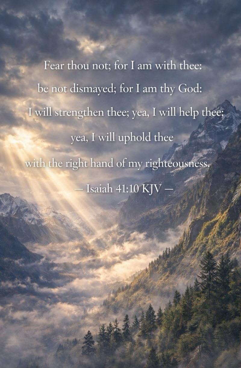 Fear thou not; for I am with thee: be not dismayed; for I am thy God: I will strengthen thee; yea, I will help thee; yea, I will uphold thee with the right hand of my righteousness. — Isaiah 41:10 KJV —