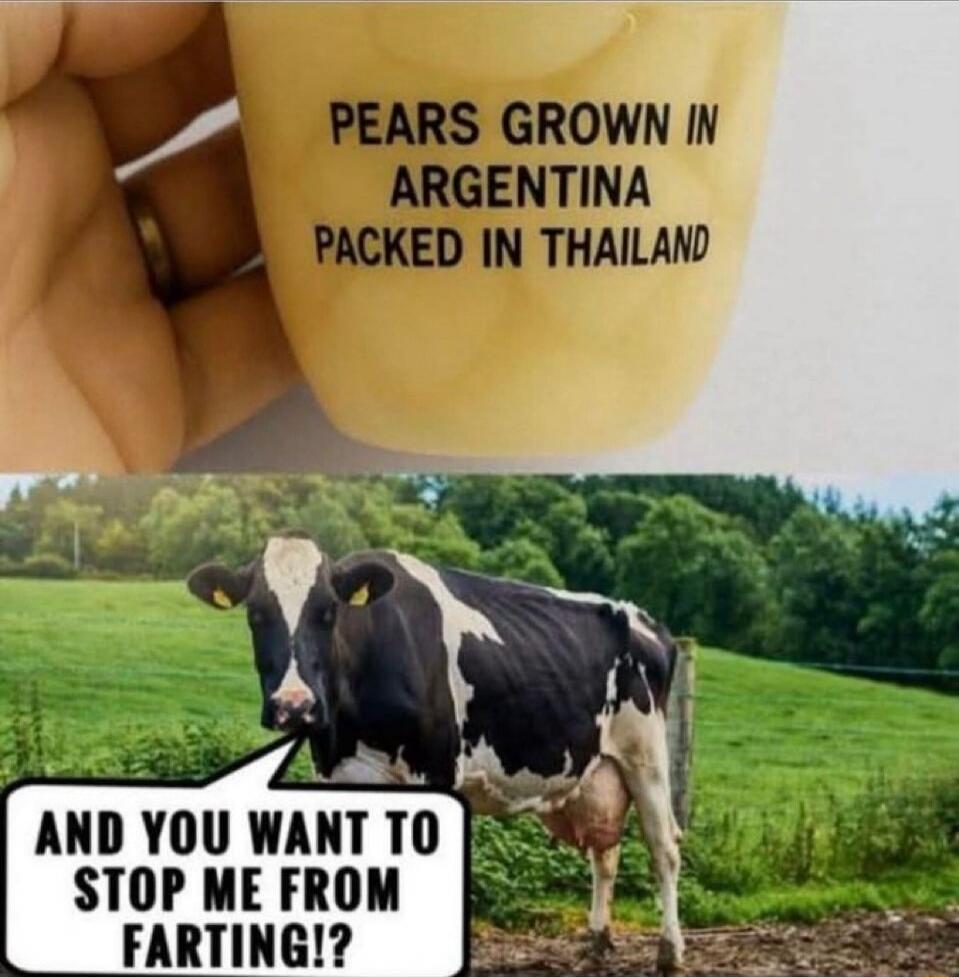 PEARS GROWN IN ARGENTINA PACKED IN THAILAND
AND YOU WANT TO STOP ME FROM FARTING!?