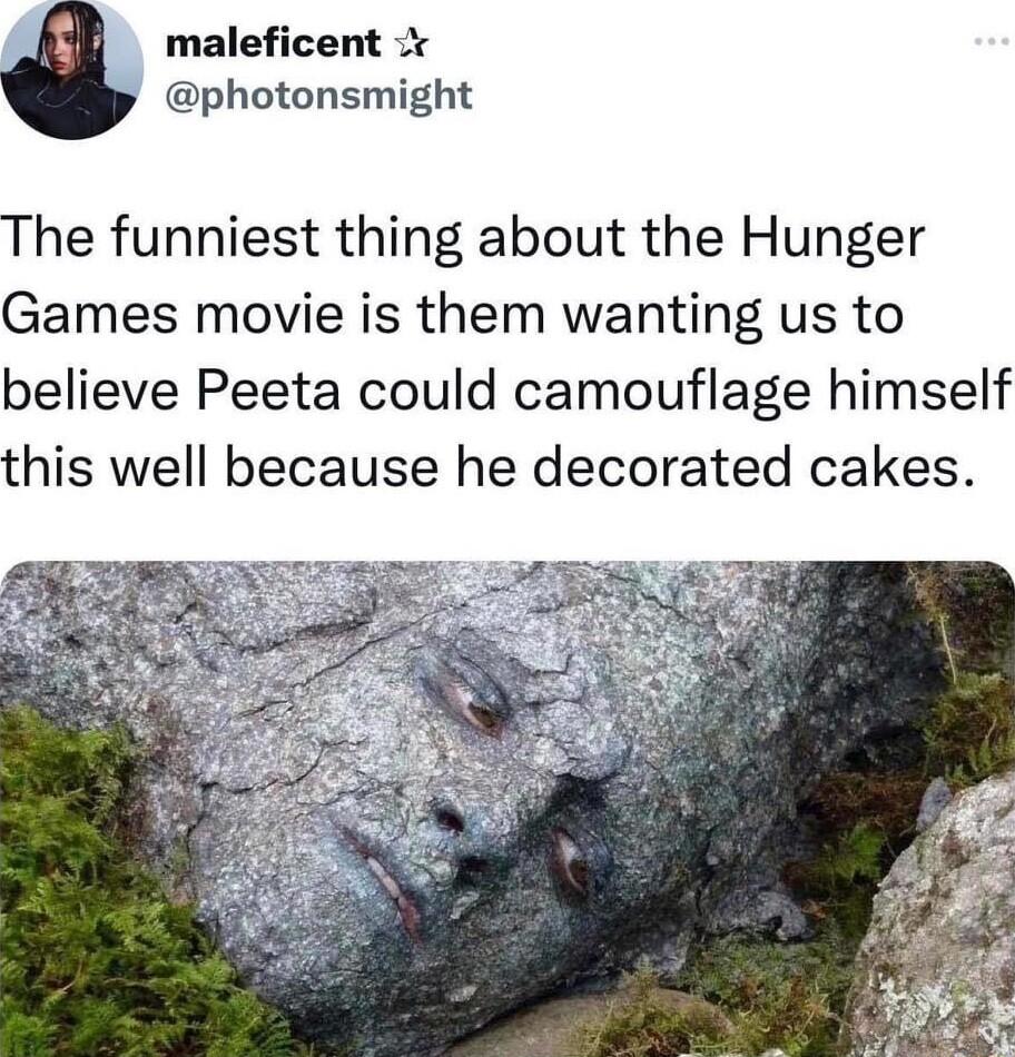 maleficent photonsmight The funniest thing about the Hunger Games movie is them wanting us to believe Peeta could camouflage himself this well because he decorated cakes