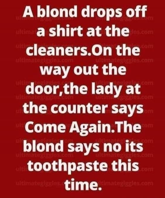 A blond drops off a shirt at the cleaners. On the way out the door, the lady at the counter says Come Again. The blond says no its toothpaste this time.