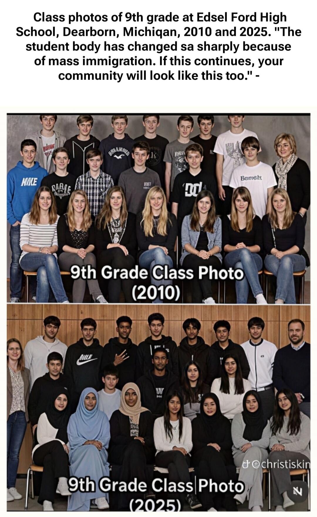 Class photos of 9th grade at Edsel Ford High School, Dearborn, Michigan, 2010 and 2025. 