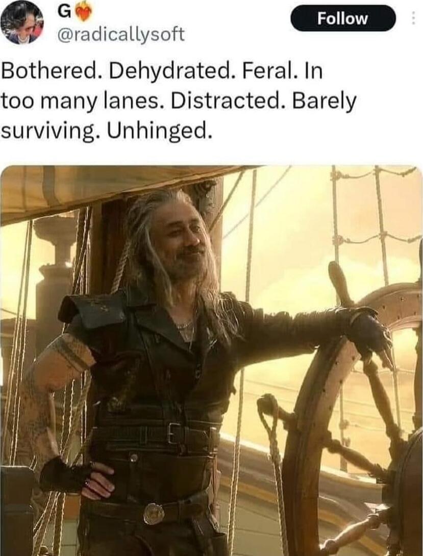Bothered Dehydrated Feral In too many lanes Distracted Barely surviving Unhinged