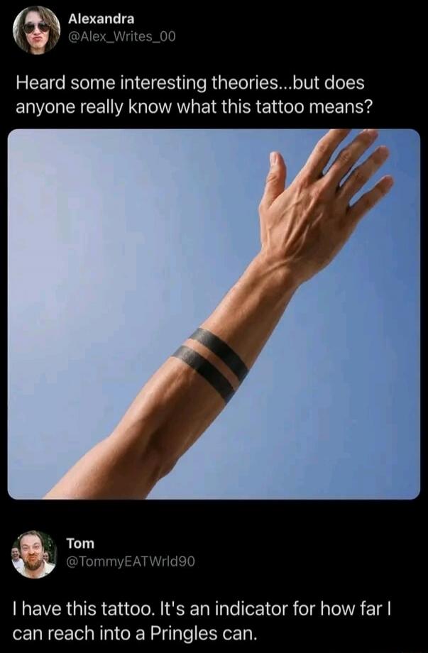 Alexandra @Alex_Writes_00 Heard some interesting theories...but does anyone really know what this tattoo means? Tom @TommyEATWrld90 I have this tattoo. It's an indicator for how far I can reach into a Pringles can.