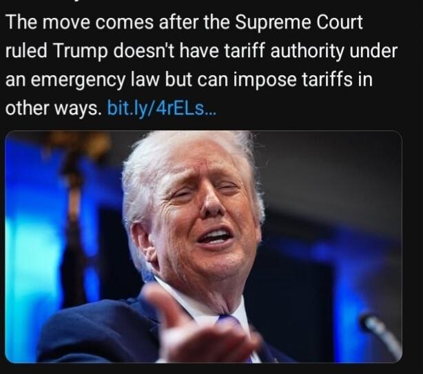 The move comes after the Supreme Court ruled Trump doesn't have tariff authority under an emergency law but can impose tariffs in other ways. bit.ly/4rELs...
