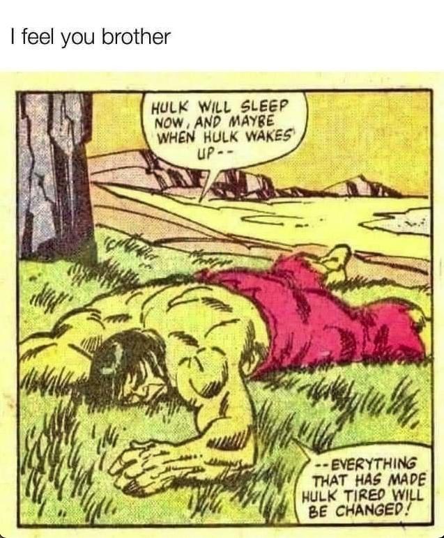 feel you brother HULK WILL SLEEP NOW AND MAYRE WHEN HULK WAKES EVERYTHING THAT HAS MADE HULK TIRED WILL BE CHANGED