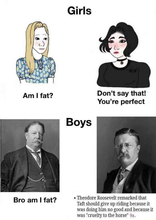 Girls Dont say that Youre perfect 5 Theodore Rooseveltremarked that Bro am fat Taft should give up riding because it was doing him no good and because i was cruely to the horse a