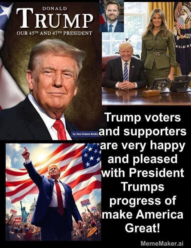 DONALD TRUMP OUR 45TH AND 47TH PRESIDENT by Ann Gaines Rodri. Trump voters and supporters are very happy and pleased with President Trump's progress of make America Great! MAGA. TRUTH SOCIAL. Mememaker.ai