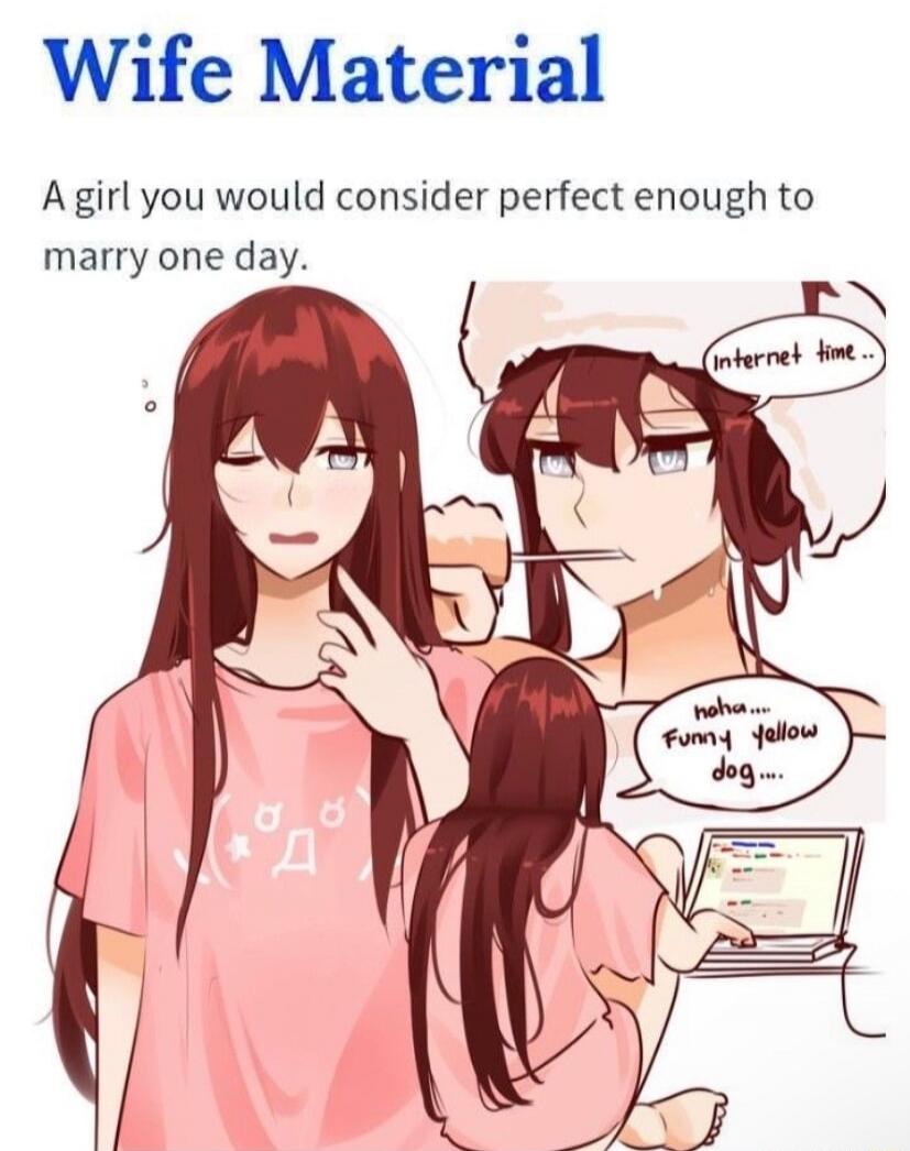 Wife Material. A girl you would consider perfect enough to marry one day. internet time.. haha.... Funny yellow dog....