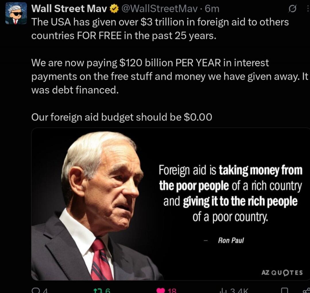 The USA has given over $3 trillion in foreign aid to other countries FOR FREE in the past 25 years. We are now paying $120 billion PER YEAR in interest payments on the free stuff and money we have given away. It was debt financed. Our foreign aid budget should be $0.00. Foreign aid is taking money from the poor people of a rich country and giving i