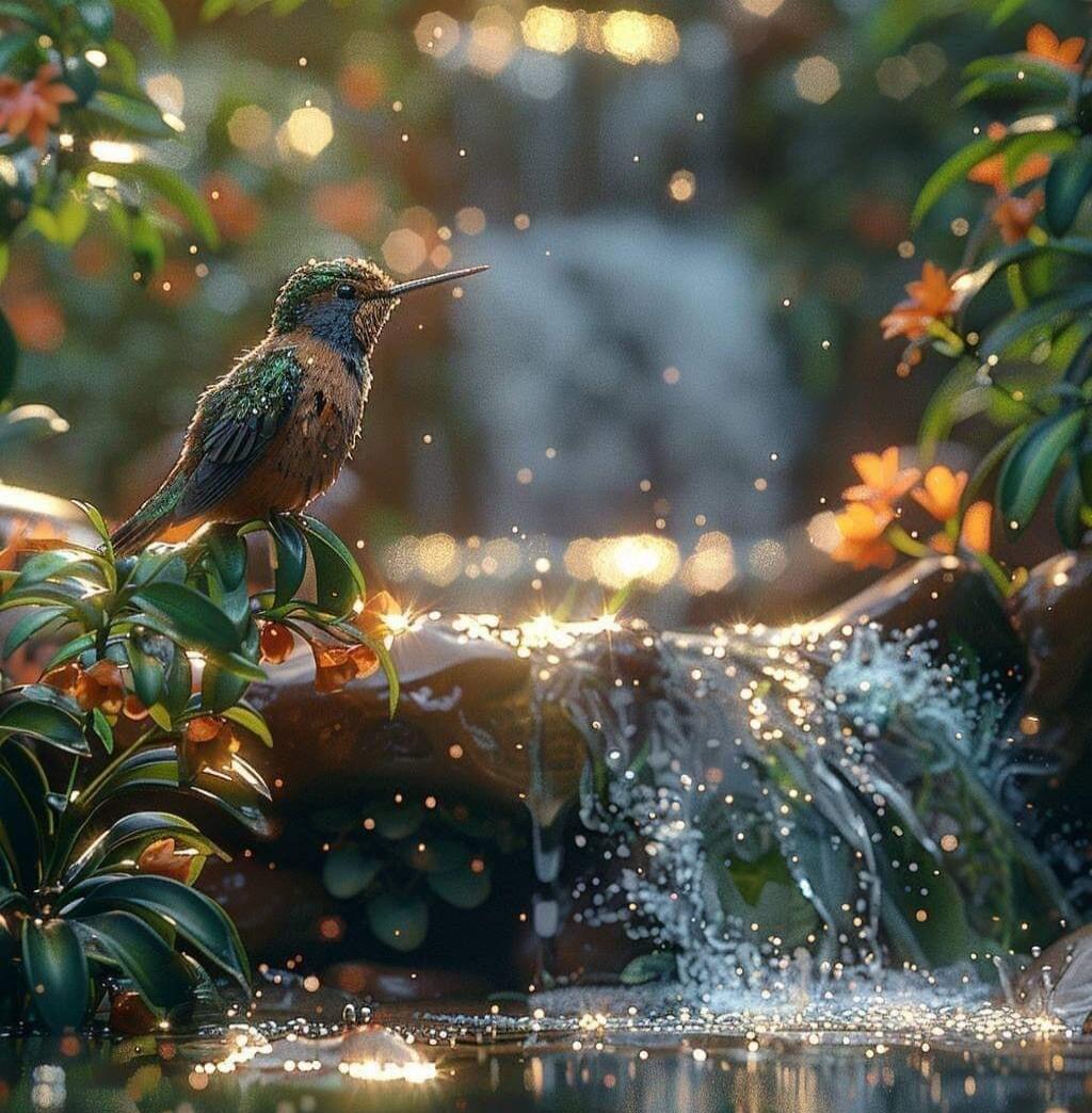 A hummingbird perched on a branch, with a waterfall and bokeh lights in the background.