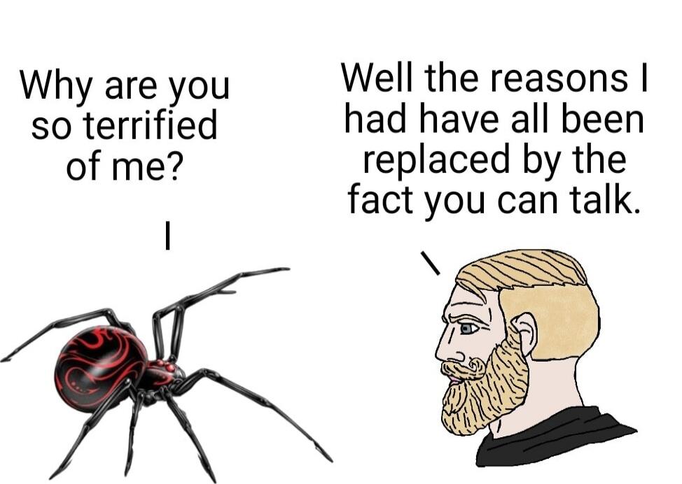 Why are you so terrified of me?
I
Well the reasons I had have all been replaced by the fact you can talk.