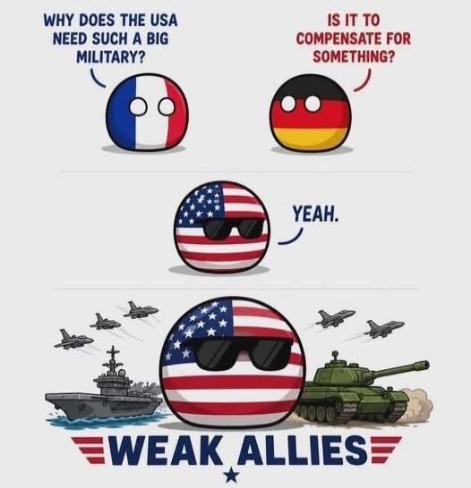 WHY DOES THE USA NEED SUCH A BIG MILITARY? IS IT TO COMPENSATE FOR SOMETHING? YEAH. WEAK ALLIES