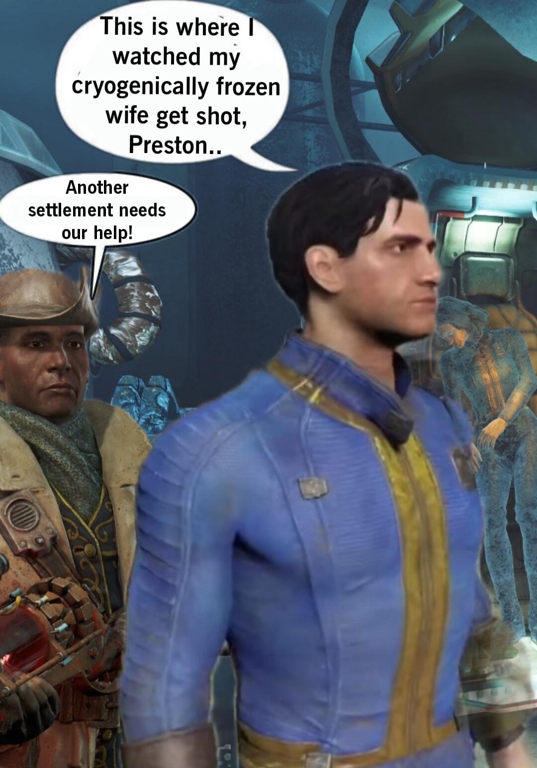 This is where watched my cryogenically frozen wife get shot Preston Another settlement needs our help