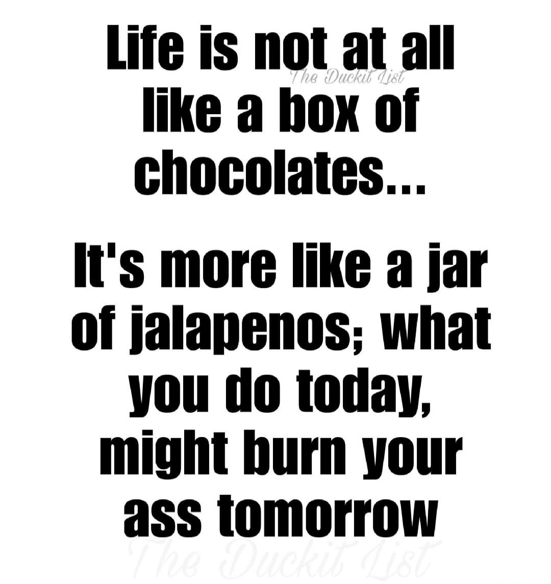 Life is not at all like a box of chocolates... It's more like a jar of jalapenos; what you do today, might burn your ass tomorrow.
