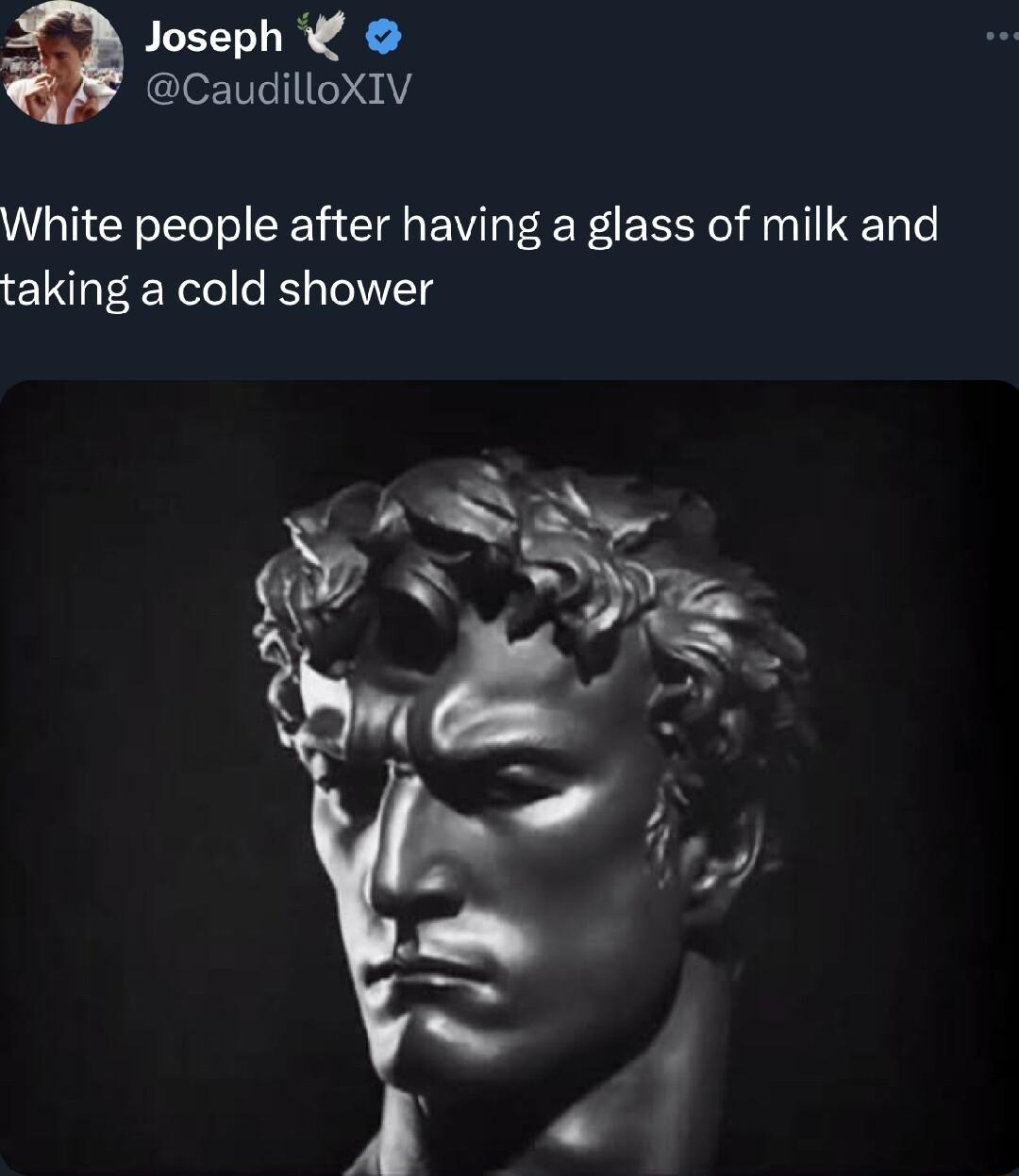 Joseph CaudilloXIV White people after having a glass of milk and taking a cold shower