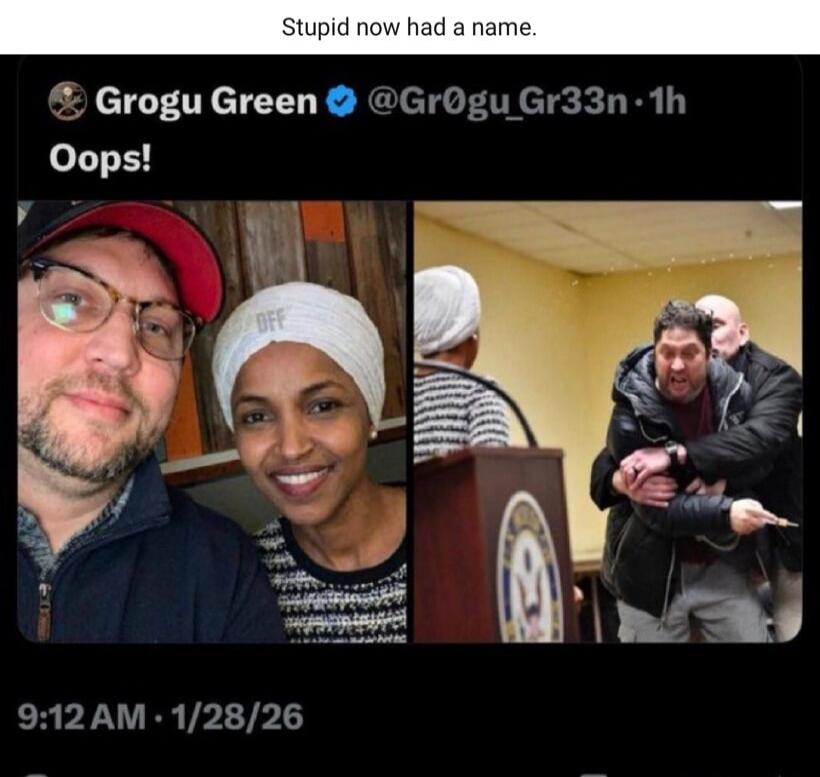 Stupid now had a name.
Grogu Green @Gr0gu_Gr33n · 1h
Oops!

[Two image panels: left shows a man and a woman posing for a selfie; right shows a man being restrained in what looks like a confrontation.]