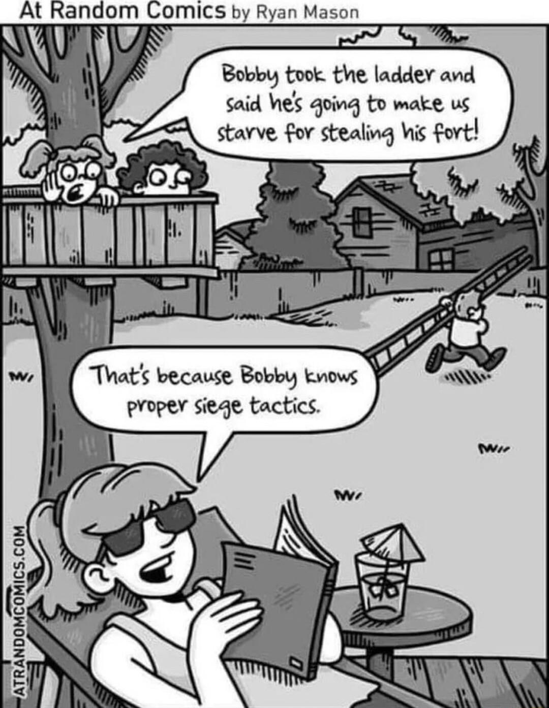 At Random Comics by Ryan Mason Bobby took the laddey and said Wes qoing to make us starve for stealing Wis fort Thats because Bobby kvows proper sieqge tactics