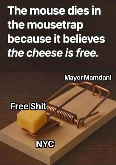 The mouse dies in the mousetrap because it believes the cheese is free.
Mayor Mamdani
Free Shit
NYC