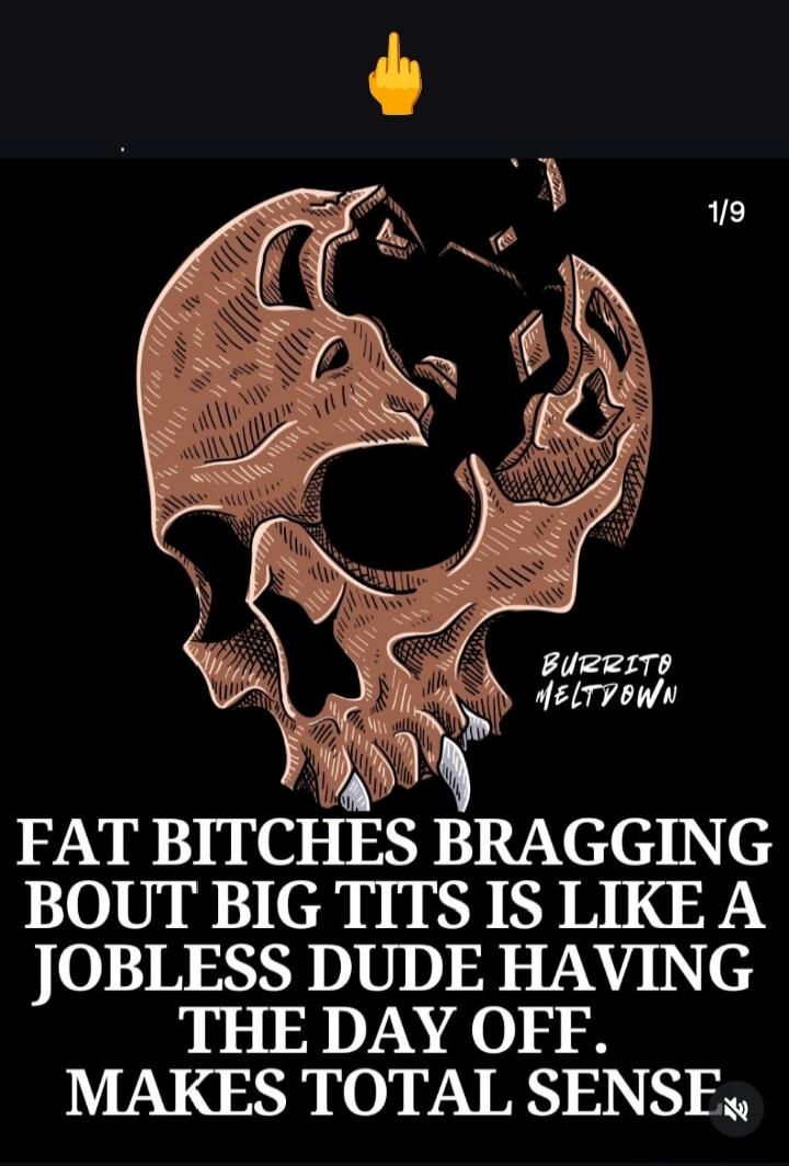 FAT BITCHES BRAGGING BOUT BIG TITS IS LIKE A JOBLESS DUDE HAVING THE DAY OFF. MAKES TOTAL SENSE. BURRITO MELTDOWN. (Middle finger emoji)