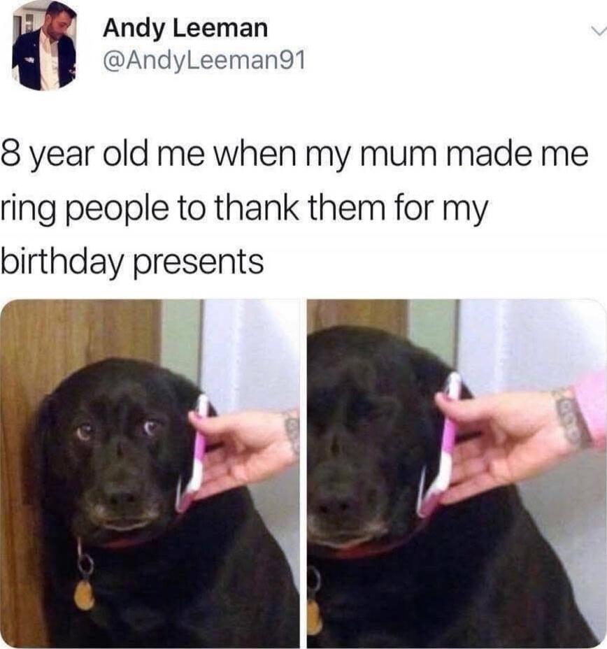 Andy Leeman @AndyLeeman91
8 year old me when my mum made me ring people to thank them for my birthday presents