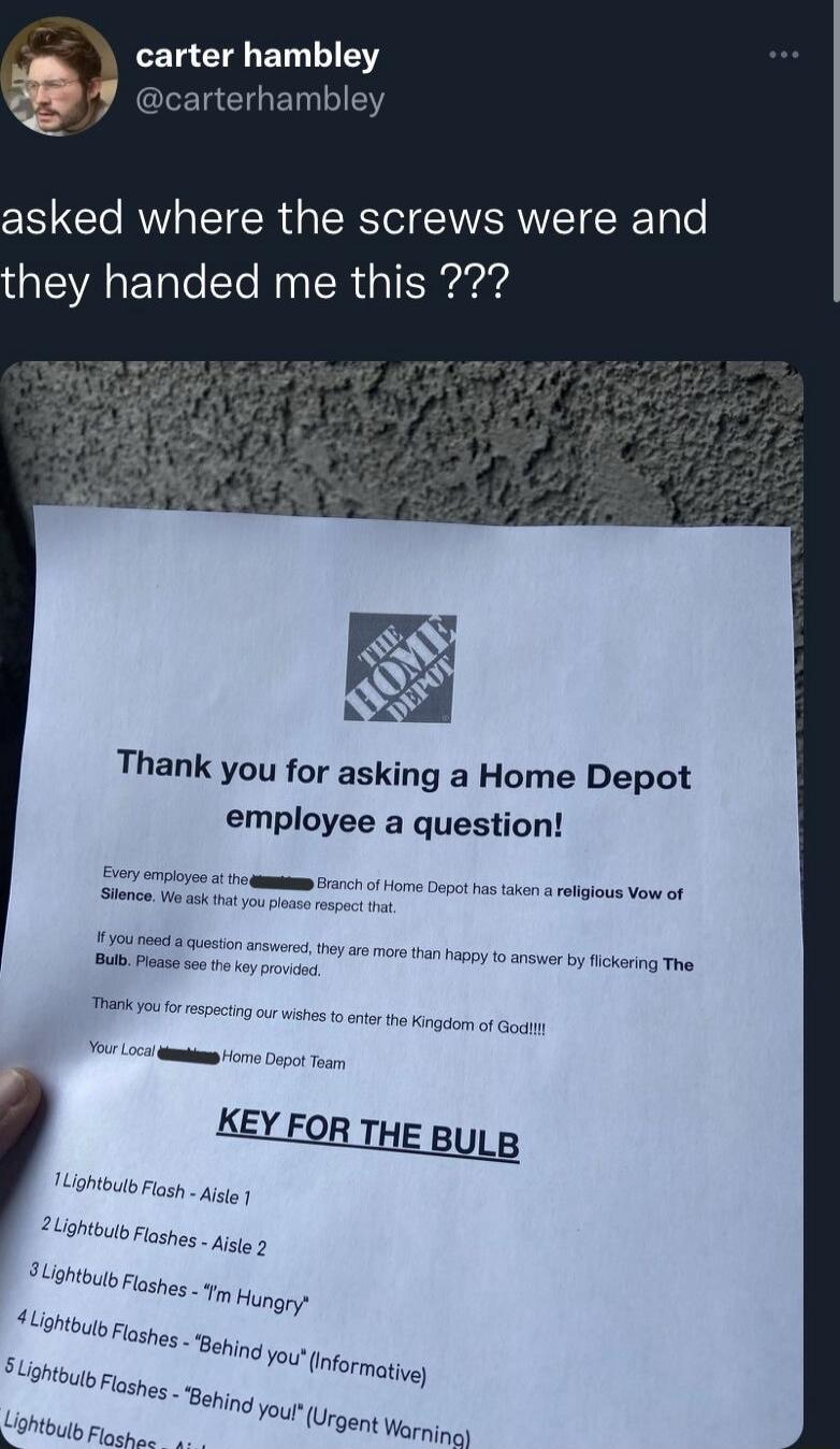 carter hambley carterhambley Thank you for asking a Home Depot employee a question 3o o npot sk rbous Vo of Stence s s o ot e sk iy o s by fhkering The Pl 1 0 St 0t th Ko o Gt Y FOR THE By g TLihteuts Fiosh g Tk o 2Ugn LM Flshes Hungry 4