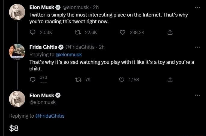 Elon Musk 074 21 Twitteris simply the most interesting place on the Internet Thats why youre reading this tweet ight now 0 2 Ly Replying to elonmusk Thats why its 50 sad watching you play with it e its a toy and youre a child o an SR