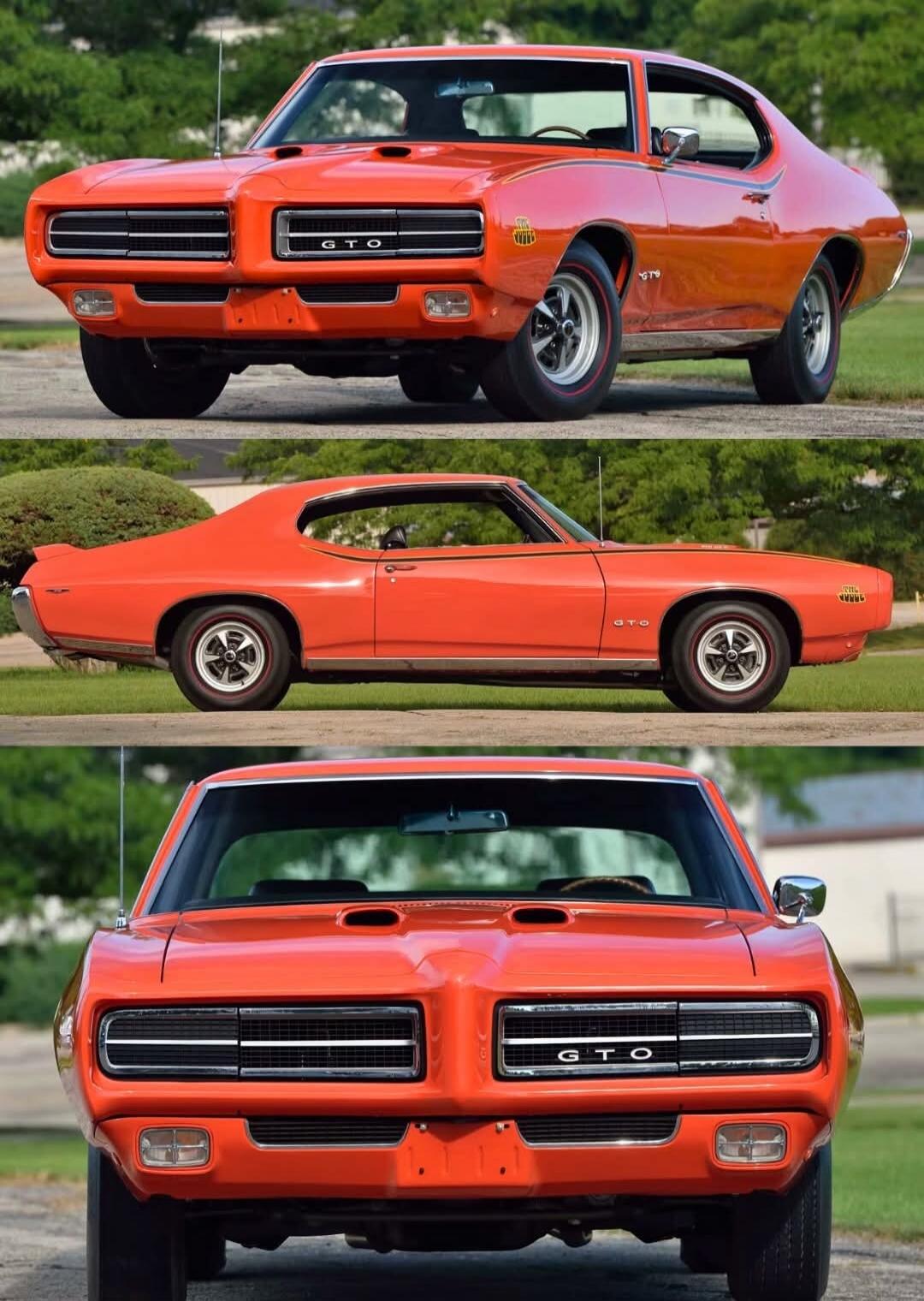 A collage of an orange classic Pontiac GTO muscle car displayed from front, side, and rear angles.