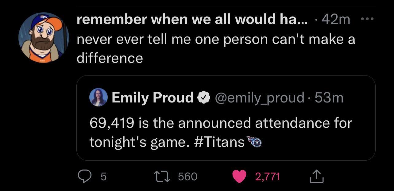 remember when we all would ha 42m q QEEVETEEAVET R o W R T o N o LT ol e e R AN EL G difference Emily Proud emily proud 53m 69419 is the announced attendance for tonights game Titans QO 5 T 560 271 o