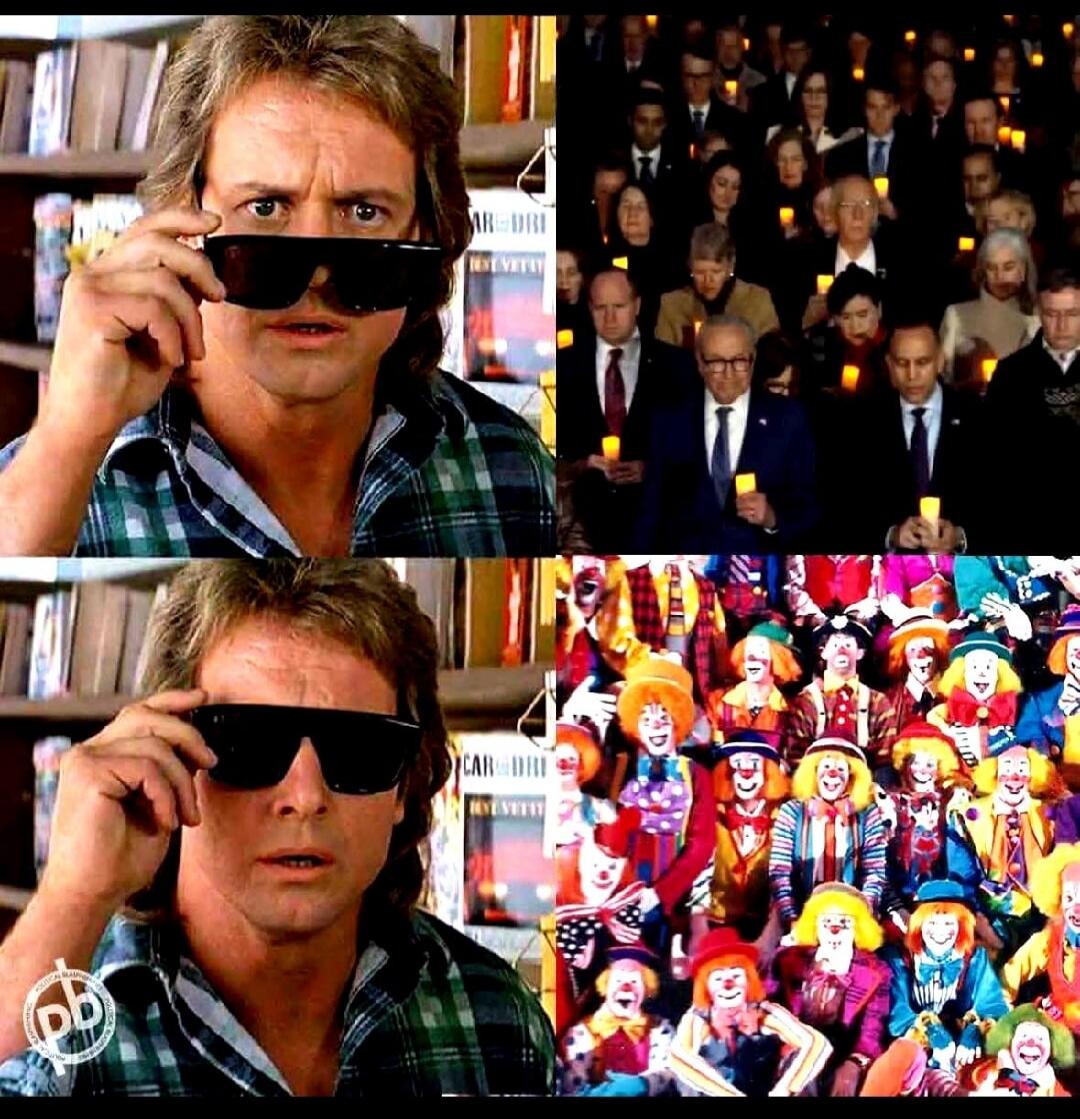 A man wearing sunglasses looks at a solemn crowd holding candles. He then takes off his sunglasses, revealing the same crowd transformed into a group of clowns.