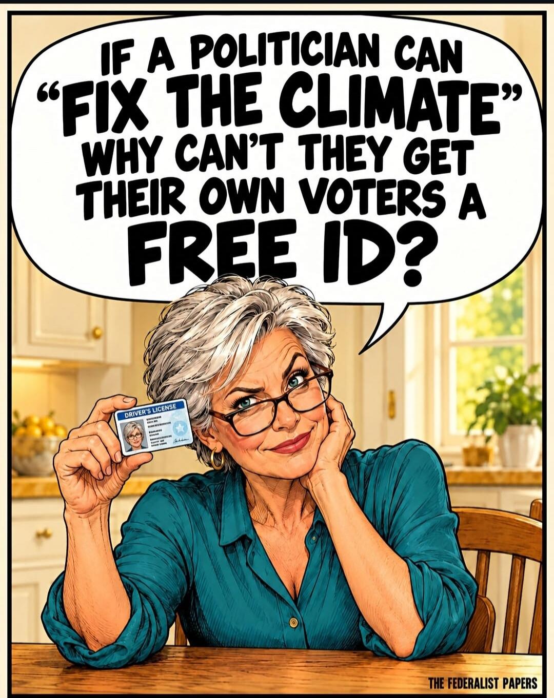 IF A POLITICIAN CAN FIX THE CLIMATE WHY CAN'T THEY GET THEIR OWN VOTERS A FREE ID? DRIVER'S LICENSE THE FEDERALIST PAPERS