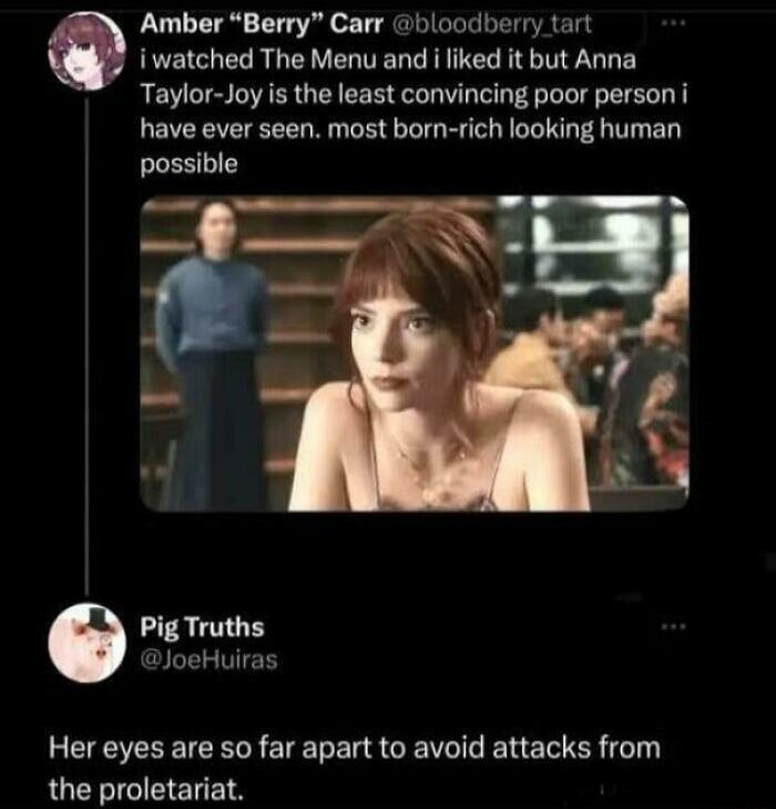 i watched The Menu and i liked it but Anna Taylor-Joy is the least convincing poor person i have ever seen. most born-rich looking human possible Her eyes are so far apart to avoid attacks from the proletariat.