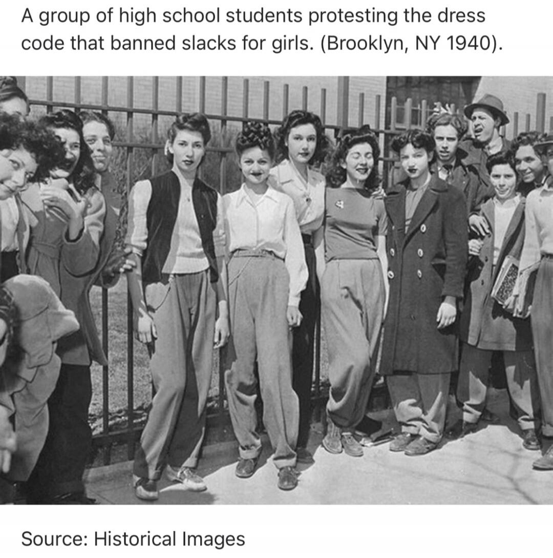A group of high school students protesting the dress code that banned slacks for girls. (Brooklyn, NY 1940). Source: Historical Images