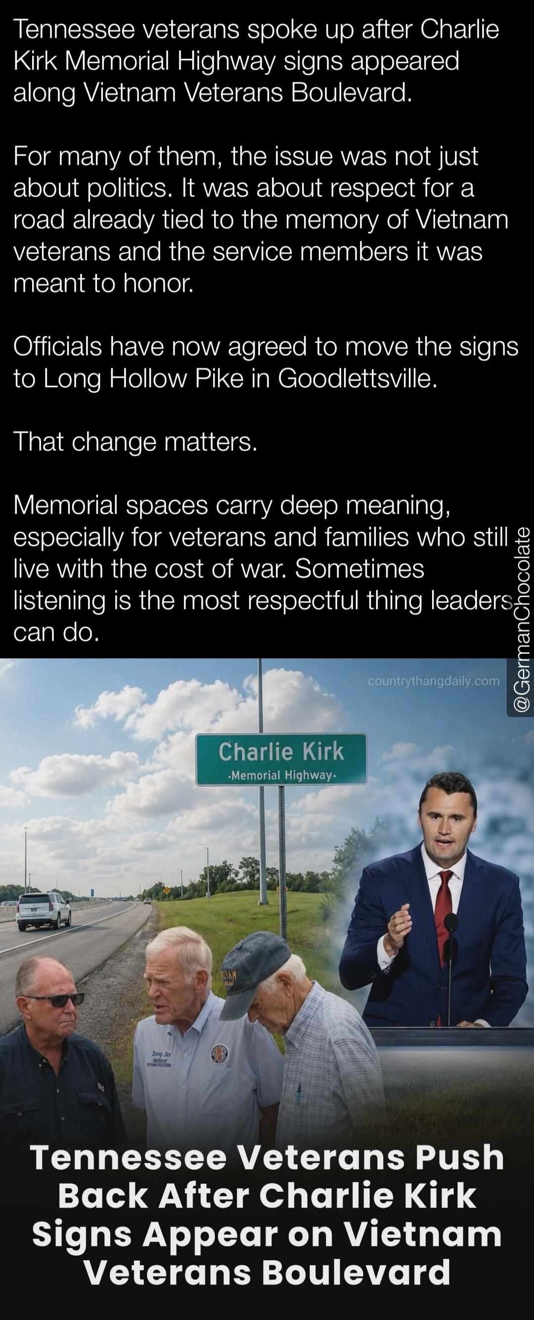 Tennessee veterans spoke up after Charlie Kirk Memorial Highway signs appeared along Vietnam Veterans Boulevard. For many of them, the issue was not just about politics. It was about respect for a road already tied to the memory of Vietnam veterans and the service members it was meant to honor. Officials have now agreed to move the signs to Long Ho